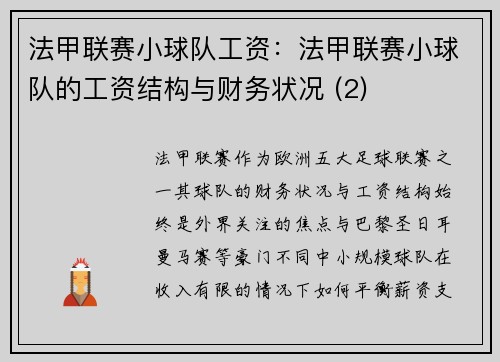 法甲联赛小球队工资：法甲联赛小球队的工资结构与财务状况 (2)