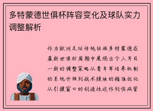 多特蒙德世俱杯阵容变化及球队实力调整解析