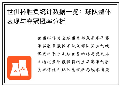 世俱杯胜负统计数据一览：球队整体表现与夺冠概率分析