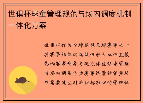 世俱杯球童管理规范与场内调度机制一体化方案