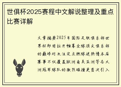 世俱杯2025赛程中文解说整理及重点比赛详解
