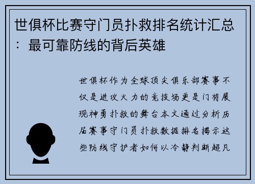 世俱杯比赛守门员扑救排名统计汇总：最可靠防线的背后英雄