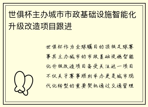 世俱杯主办城市市政基础设施智能化升级改造项目跟进